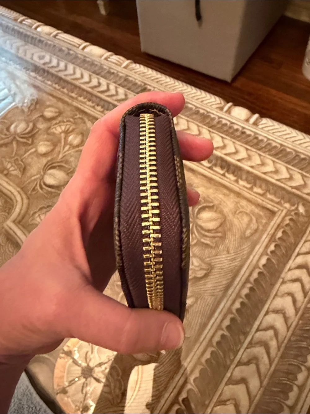 Light and dark brown checkered Damier Zip Card Holder with Gold Hardware